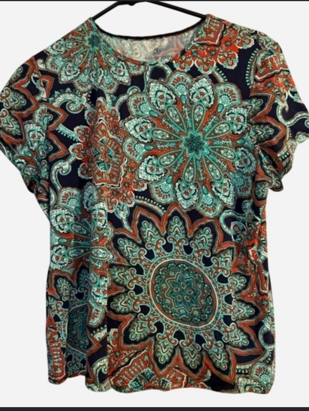Lands' End Navy, Teal & Rust Brown Medallion Short Sleeve Tee Shirt Top Large